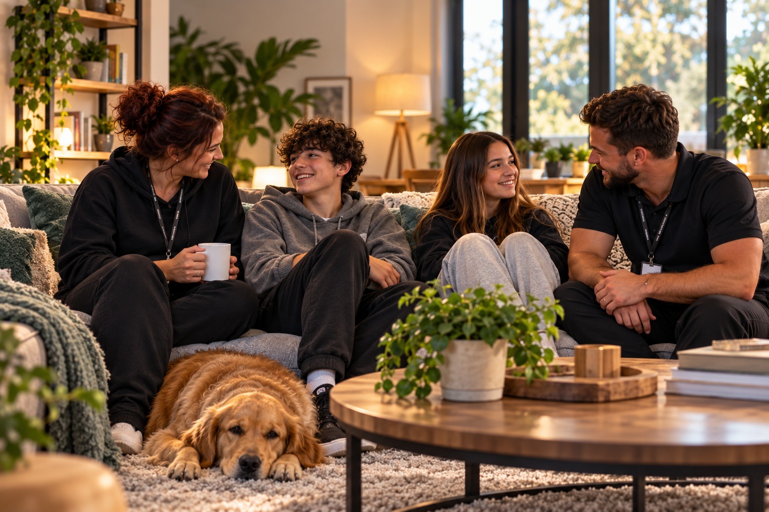 Children and trusted adults sharing time in a warm home setting